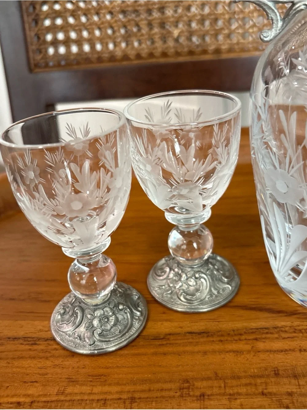 Vintage Peltro Claret Crystal Jug? W/ Pewter. 95% 3 Small Glasses—Italy— barware